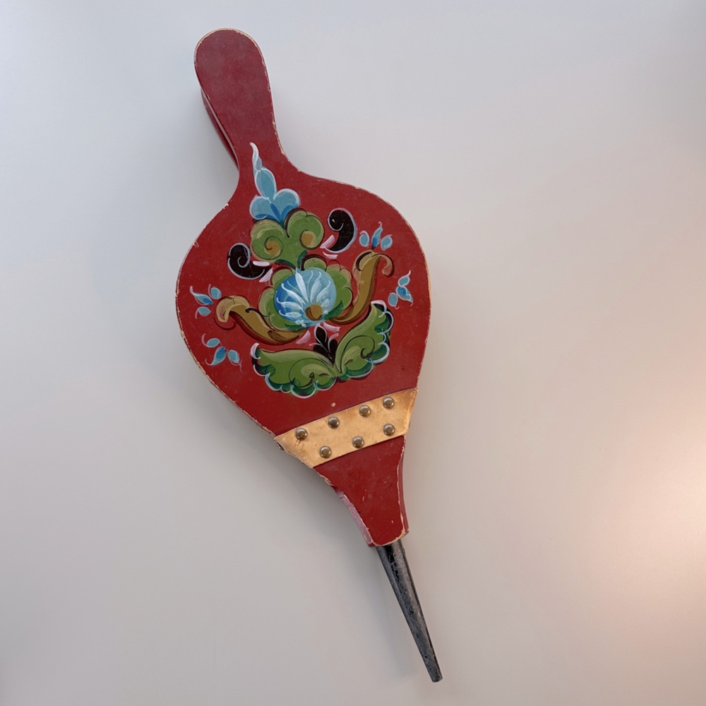 Vintage Scandinavian Original Hand Painted‎ Wood & Leather Fireplace Bellows